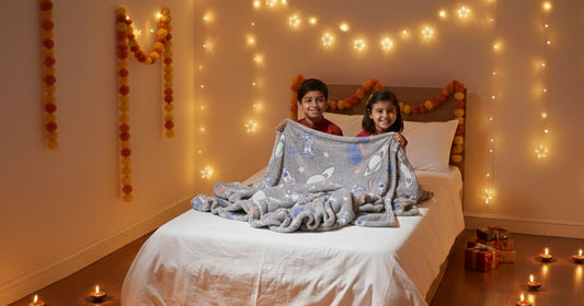 Family enjoying Diwali storytime together under Famyo glow blankets with lanterns in the background.