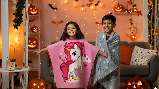 Two smiling kids enjoying Halloween at home — a girl wearing a pink unicorn Famyo poncho towel and a boy wrapped in a grey Famyo glow blanket with rocket and astronaut prints, surrounded by pumpkins, fairy lights, and festive Halloween décor.