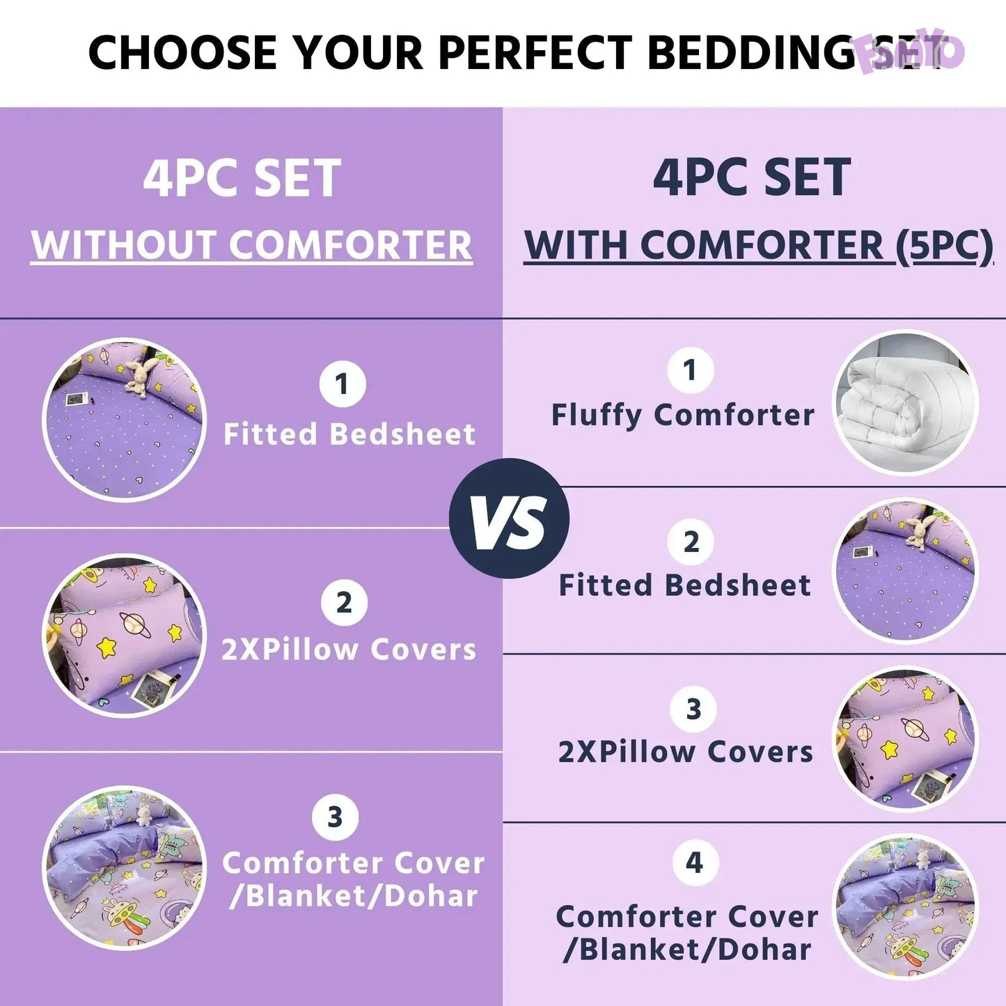 Famyo's Bedding set: 4PC set without comforter VS 4PC set with comforter(5PC) - Purple Astronaut
