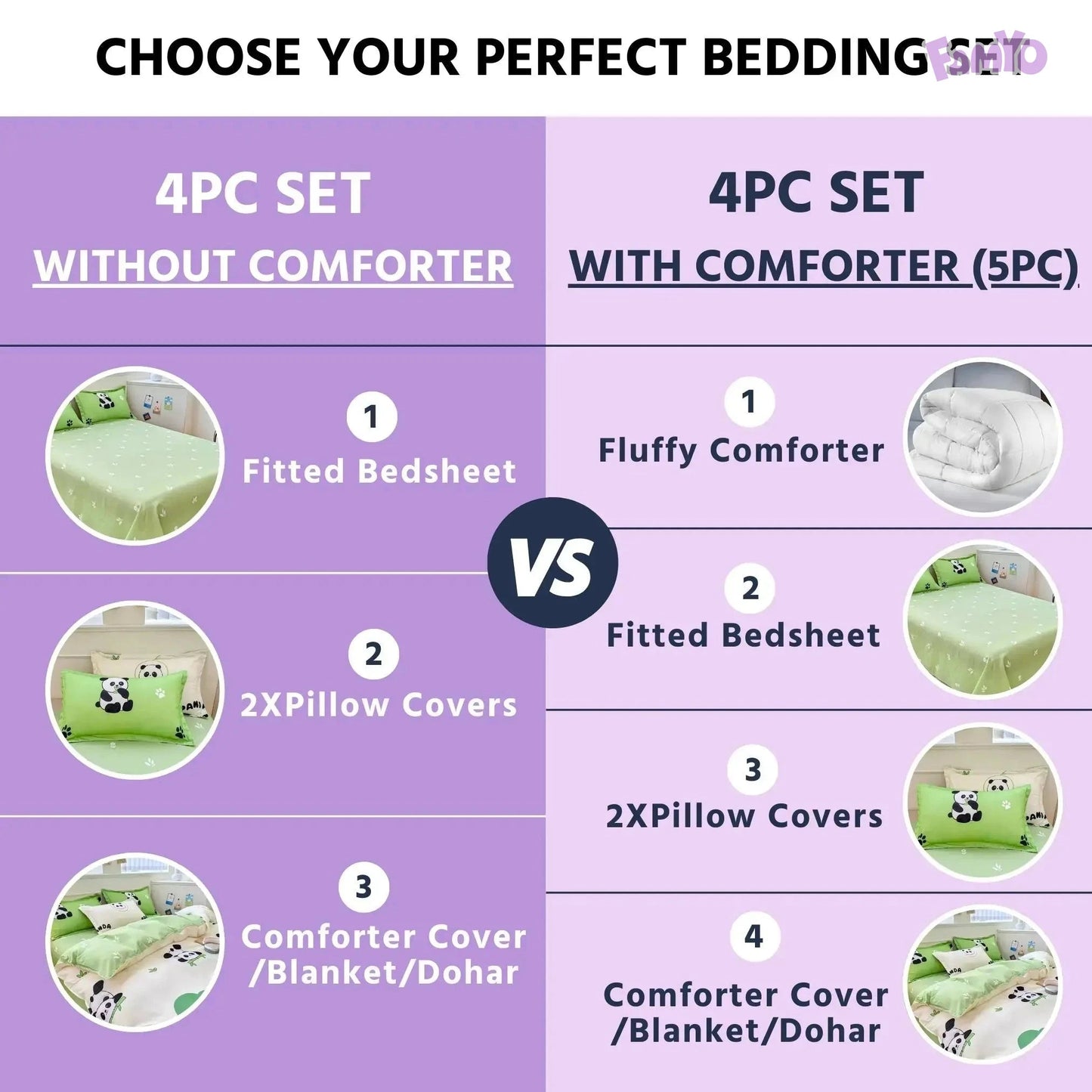 4pc/5pc King Bedding Set- Comforter Cover, Fitted Bedsheet, 2 Pillow Covers, Comforter Green Panda Famyo