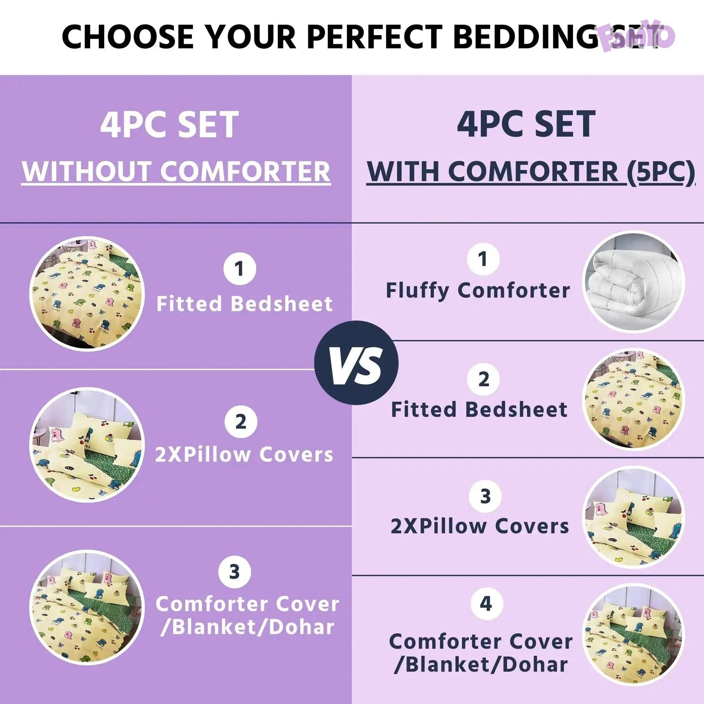 Famyo's Bedding set: 4PC set without comforter VS 4PC set with comforter(5PC) in cute dinos print