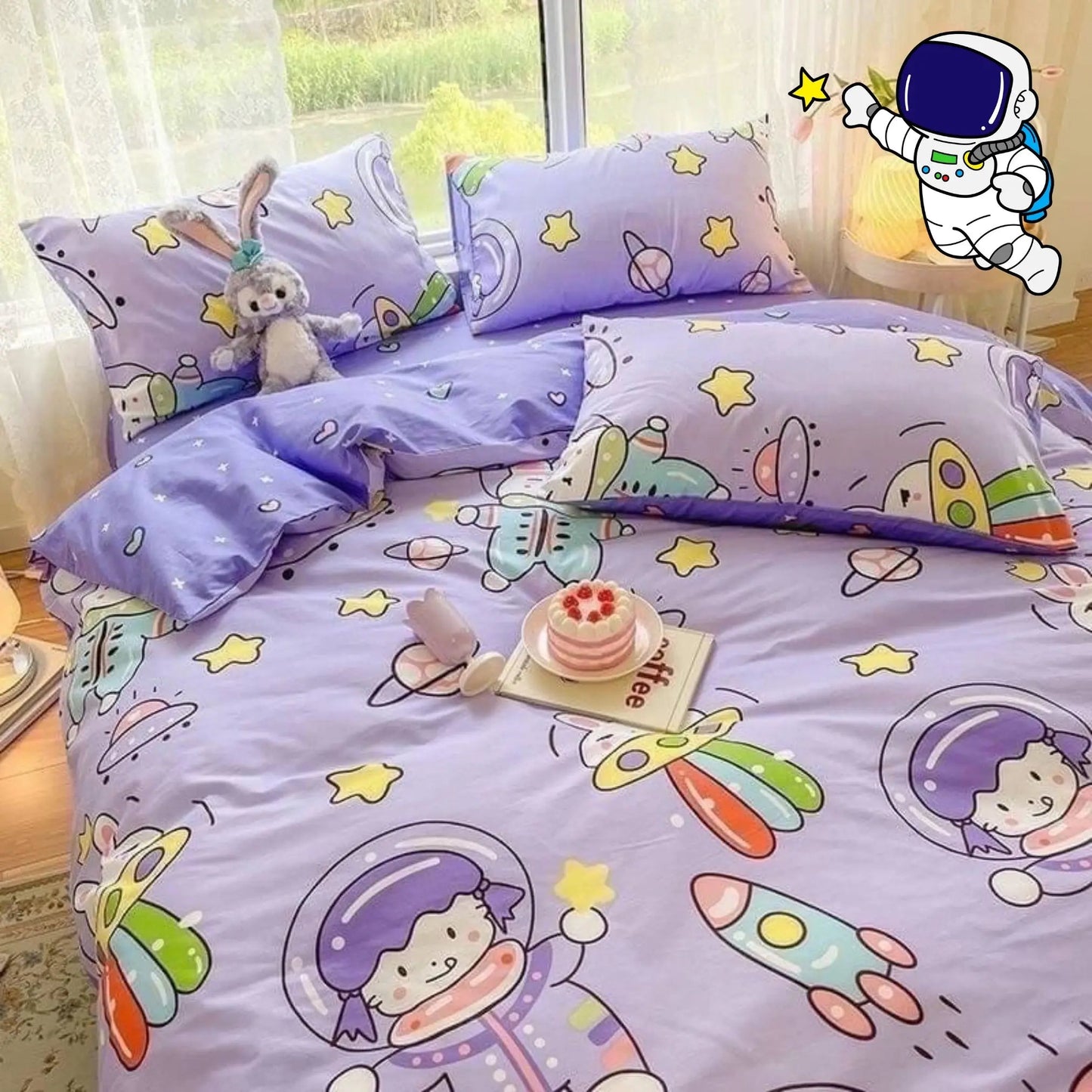 5pc Kids Bed Set – King Size Fitted Bedsheet , Comforter Cover, 2 Pillow Covers & Comforter | Purple Astronaut Theme Famyo Shop WH