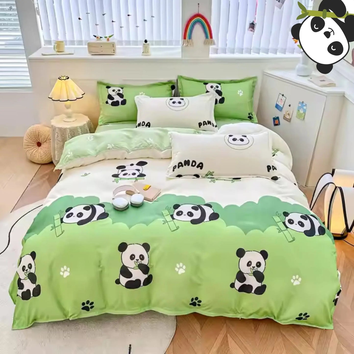 5pc Kids Bed Set – King Size Fitted Bedsheet , Comforter Cover, 2 Pillow Covers & Comforter | Green Panda Theme Famyo Shop WH