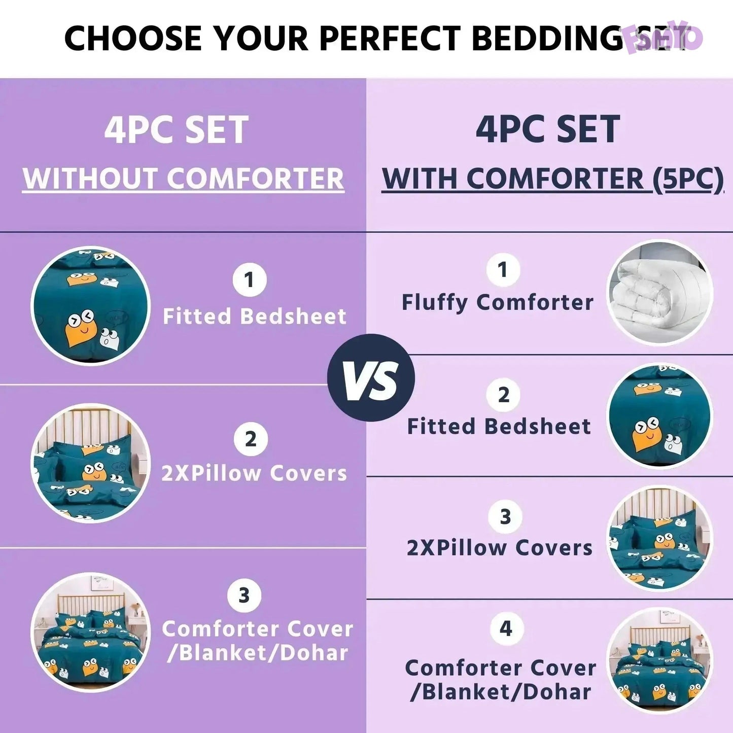 Famyo's Bedding set: 4PC set without comforter VS 4PC set with comforter(5PC) in Cute Smiles