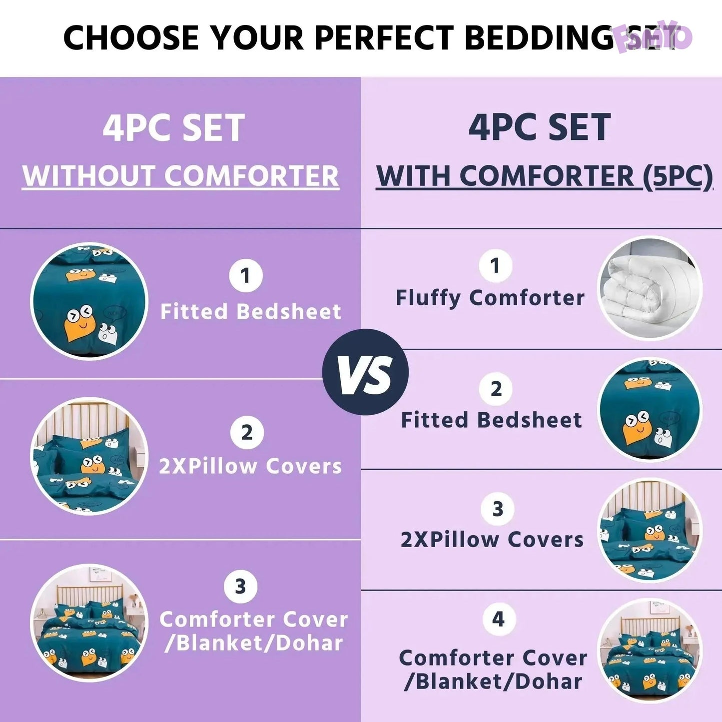 Famyo's Bedding set: 4PC set without comforter VS 4PC set with comforter(5PC) in Cute Smiles