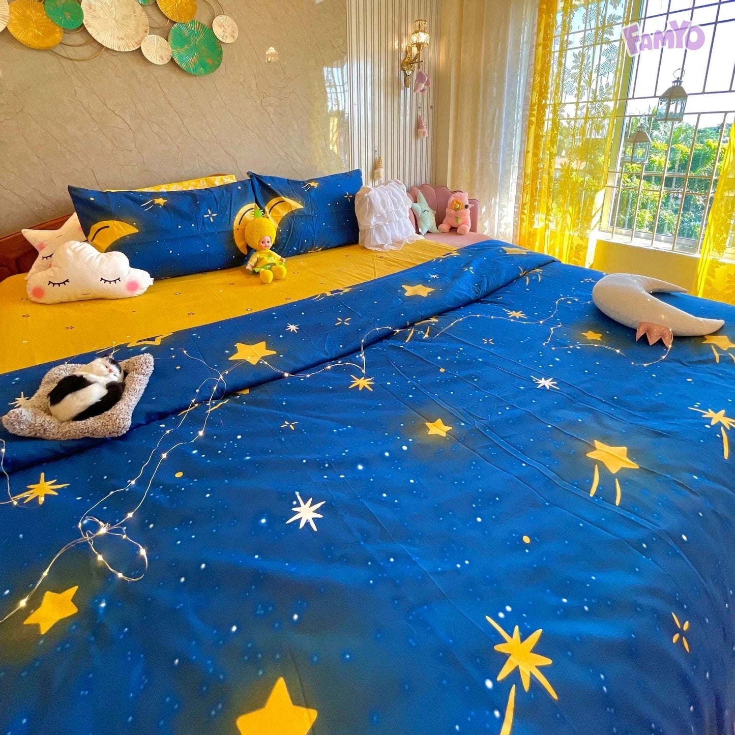 4pc Kids Bed Set – King Size Fitted Bedsheet , Comforter Cover & 2 Pillow Covers | Moon & Star Theme Famyo Shop WH