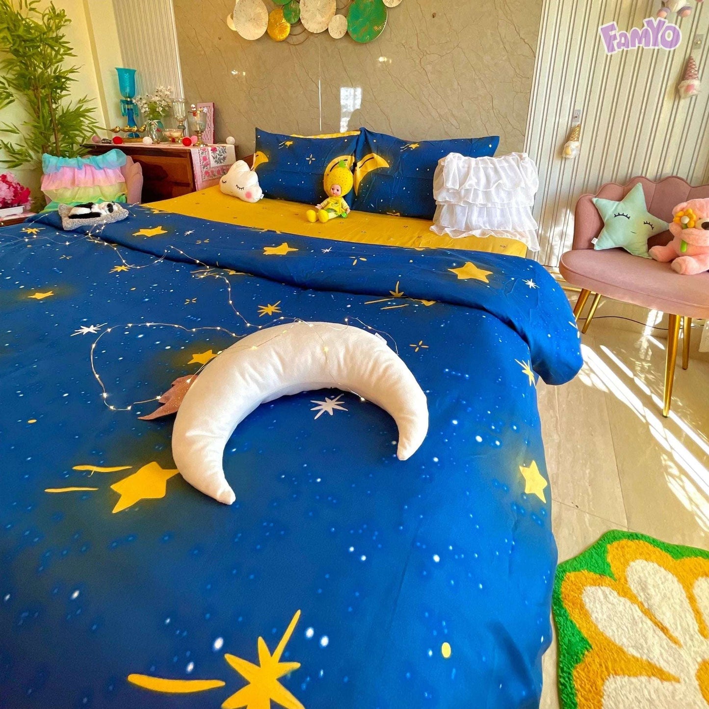 4pc Kids Bed Set – King Size Fitted Bedsheet , Comforter Cover & 2 Pillow Covers | Moon & Star Theme Famyo Shop WH