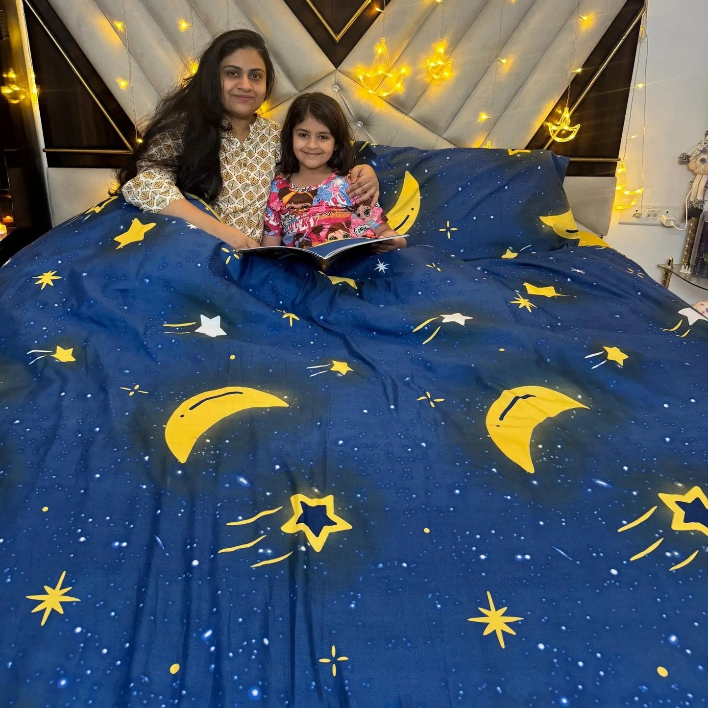 4pc Kids Bed Set – King Size Fitted Bedsheet , Comforter Cover & 2 Pillow Covers | Moon & Star Theme Famyo Shop WH