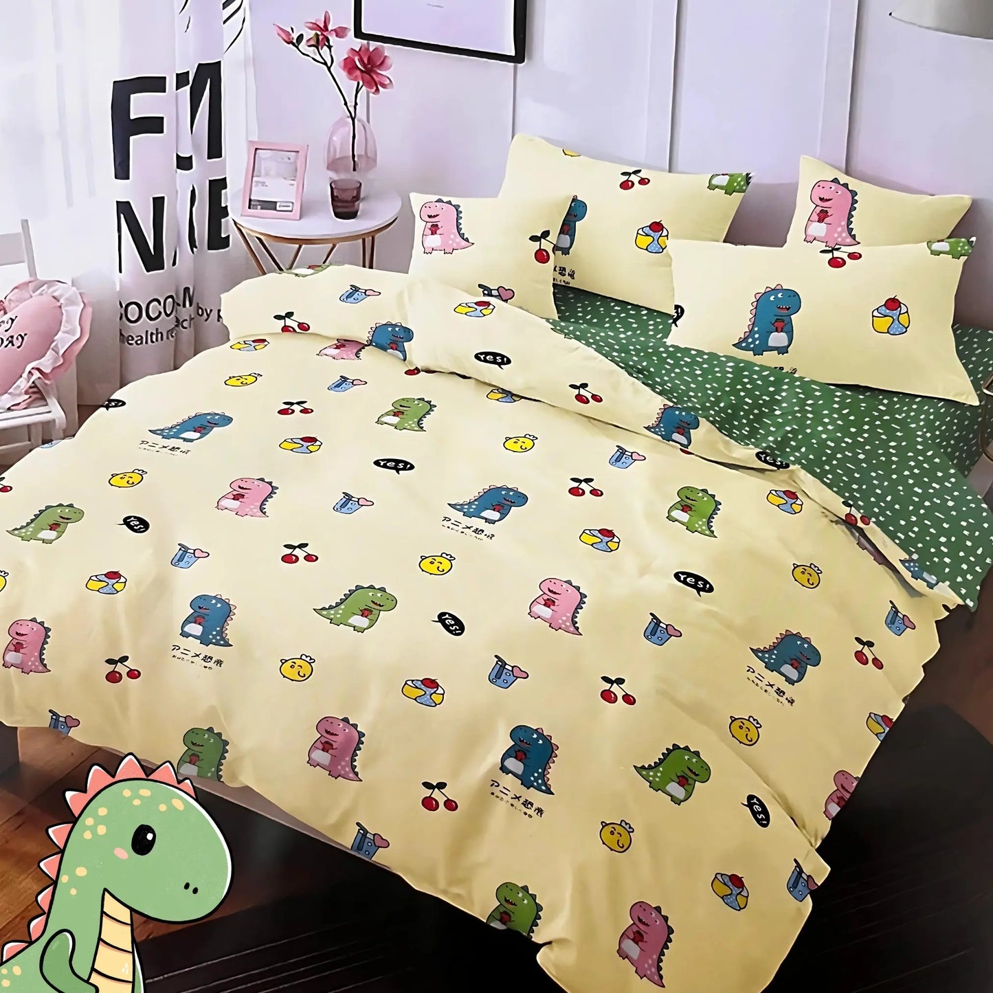 5pc Kids Bed Set – King Size Fitted Bedsheet , Comforter Cover, 2 Pillow Covers & Comforter | Cute Dino Theme Famyo Shop WH