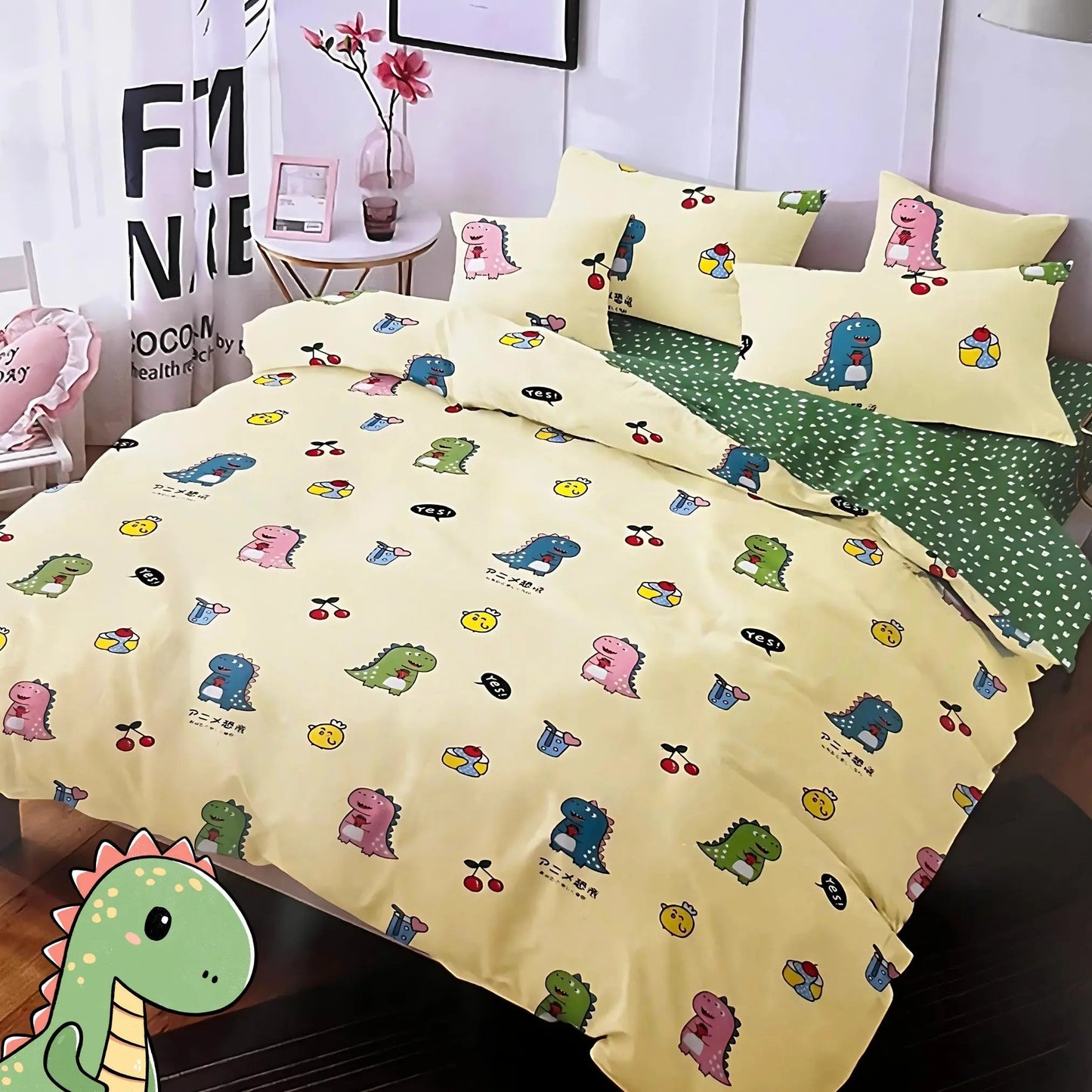 5pc Kids Bed Set – King Size Fitted Bedsheet , Comforter Cover, 2 Pillow Covers & Comforter | Cute Dino Theme Famyo Shop WH