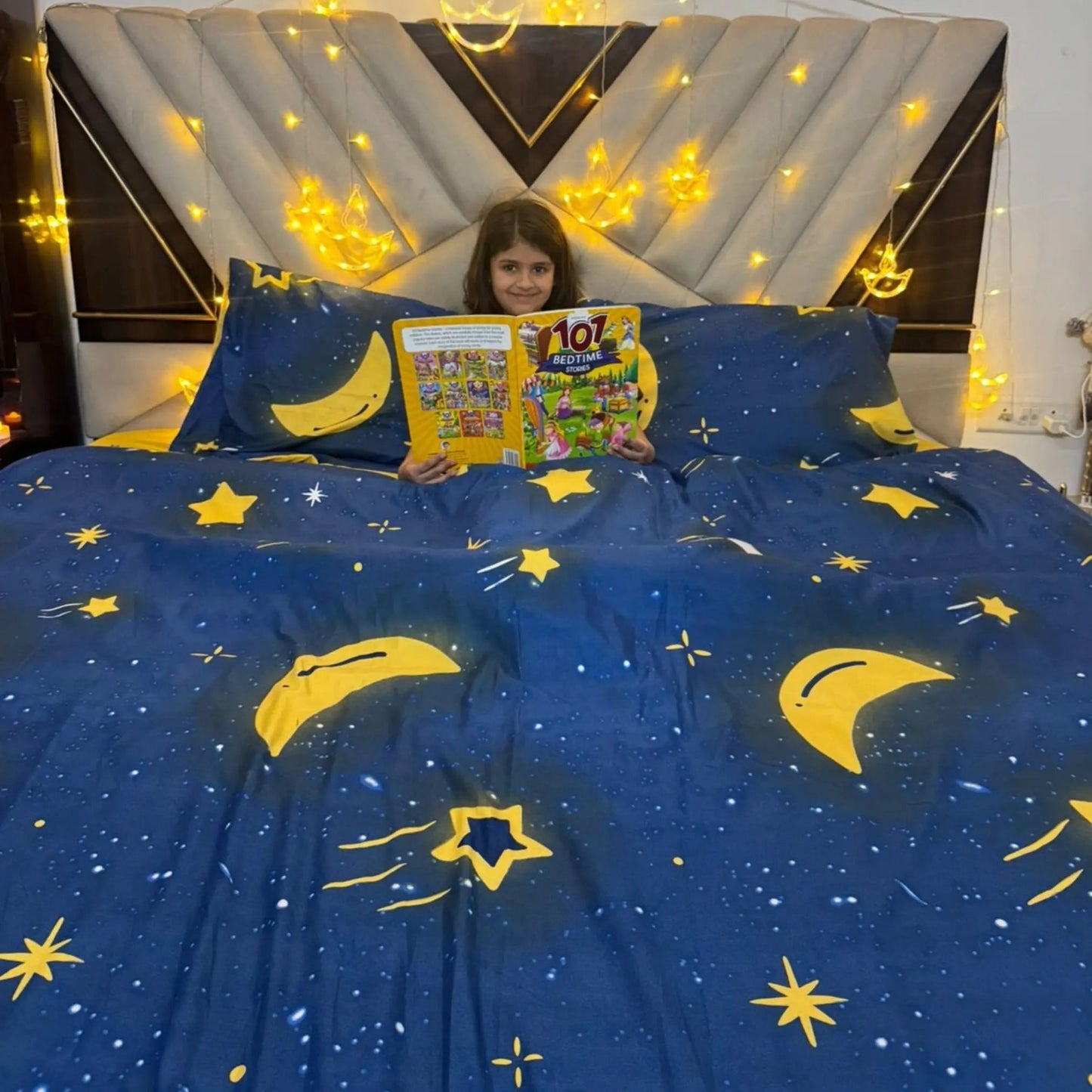 4pc Kids Bed Set – King Size Fitted Bedsheet , Comforter Cover & 2 Pillow Covers | Moon & Star Theme Famyo Shop WH
