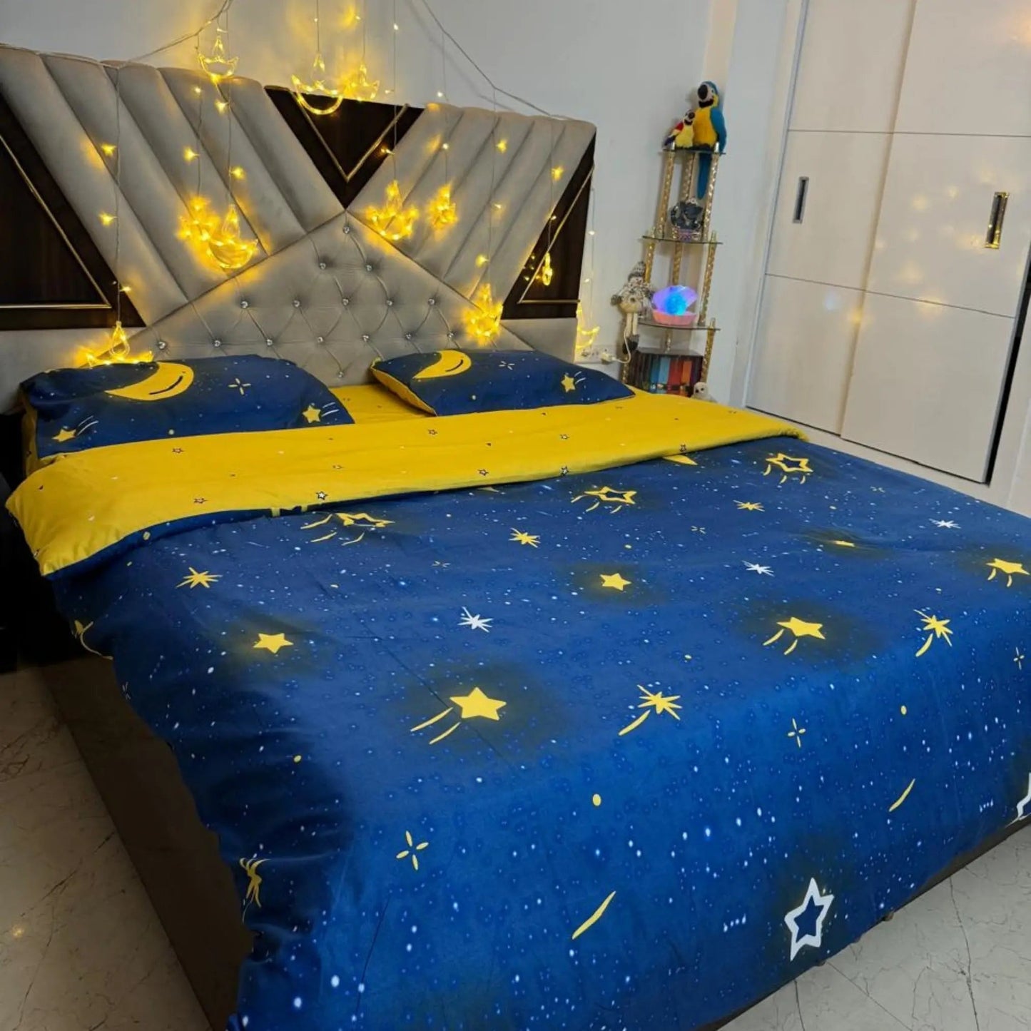 4pc Kids Bed Set – King Size Fitted Bedsheet , Comforter Cover & 2 Pillow Covers | Moon & Star Theme Famyo Shop WH