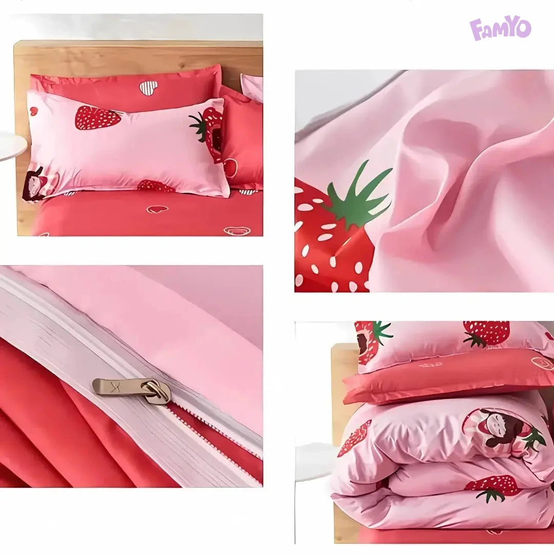 4pc/5pc Bedding Set- Comforter Cover, Queen Fitted Bedsheet, 2 Pillow Covers, Comforter in Strawberry Pink