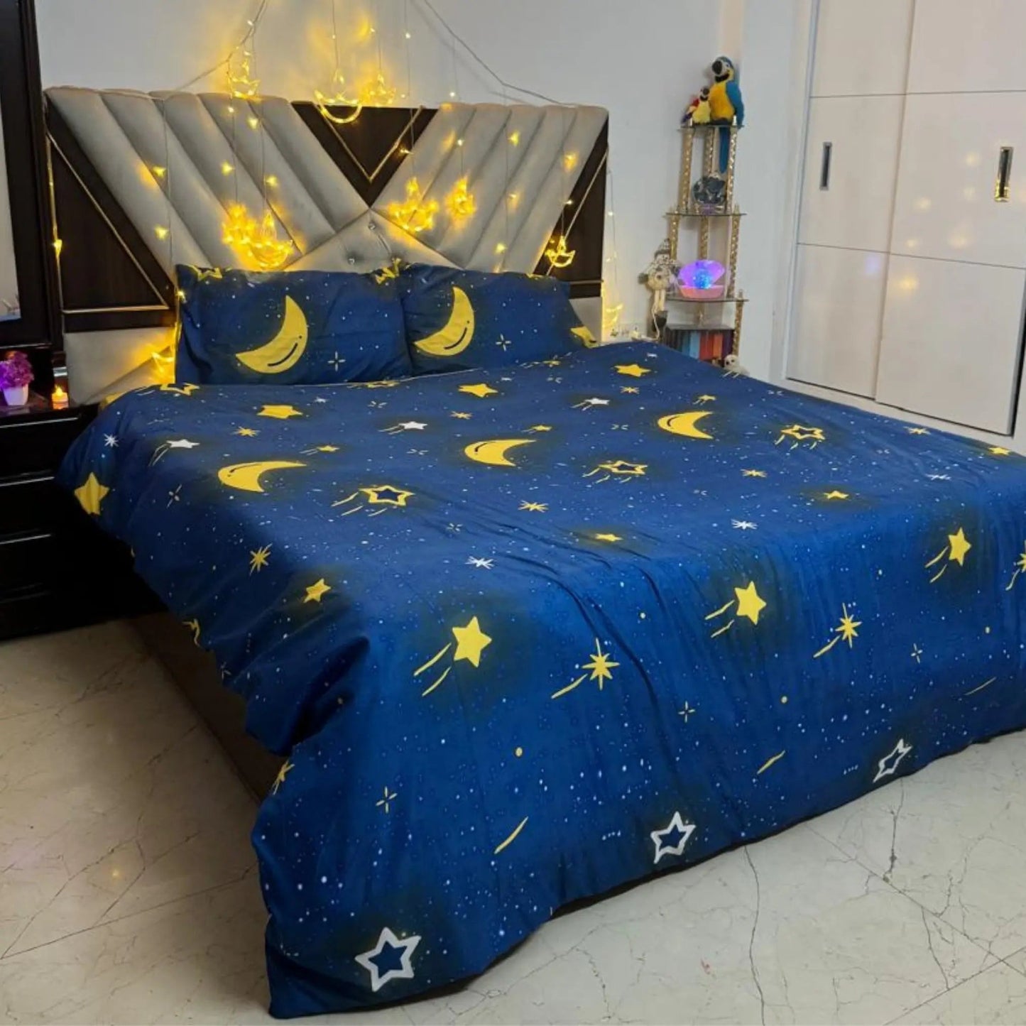 4pc Kids Bed Set – King Size Fitted Bedsheet , Comforter Cover & 2 Pillow Covers | Moon & Star Theme Famyo Shop WH