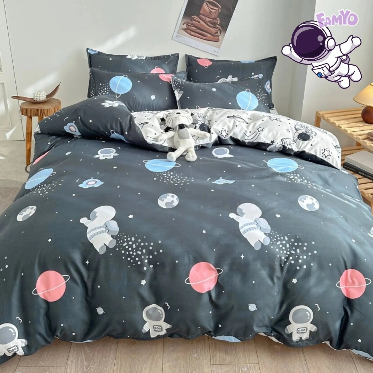 5pc Kids Bed Set – King Size Fitted Bedsheet , Comforter Cover, 2 Pillow Covers & Comforter | Astronaut Theme Famyo Shop WH