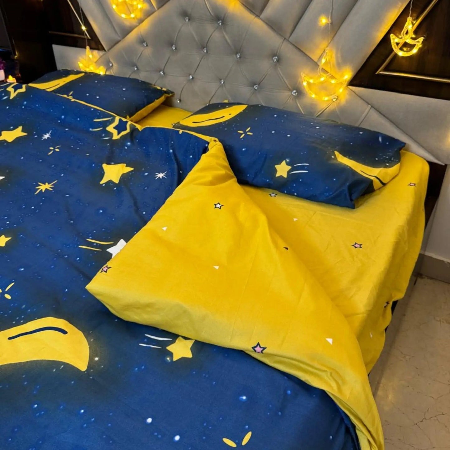 4pc Kids Bed Set – King Size Fitted Bedsheet , Comforter Cover & 2 Pillow Covers | Moon & Star Theme Famyo Shop WH
