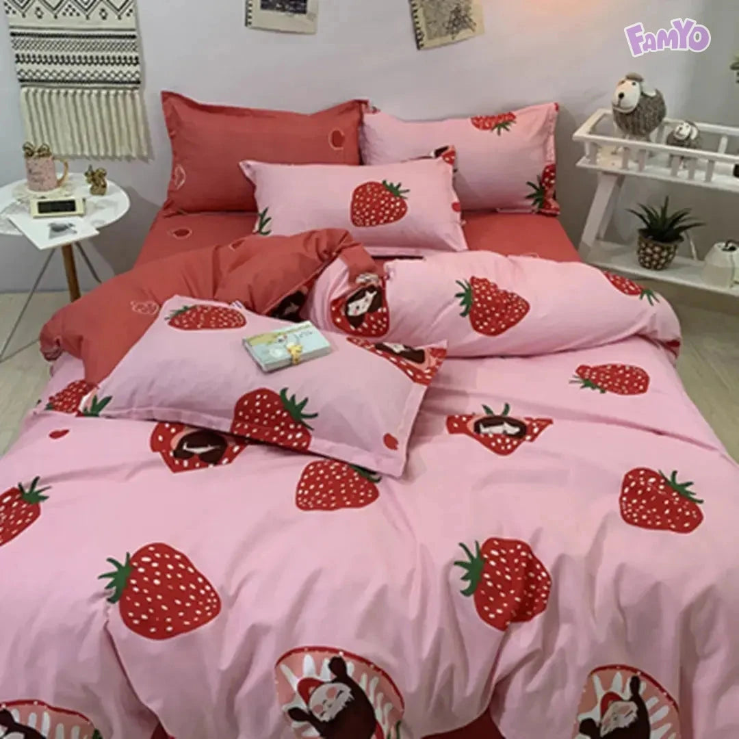 Famyo's Bedding set of 5 PC with Fitted bedsheet, comforter with a cover and 2X matching pillows in pink