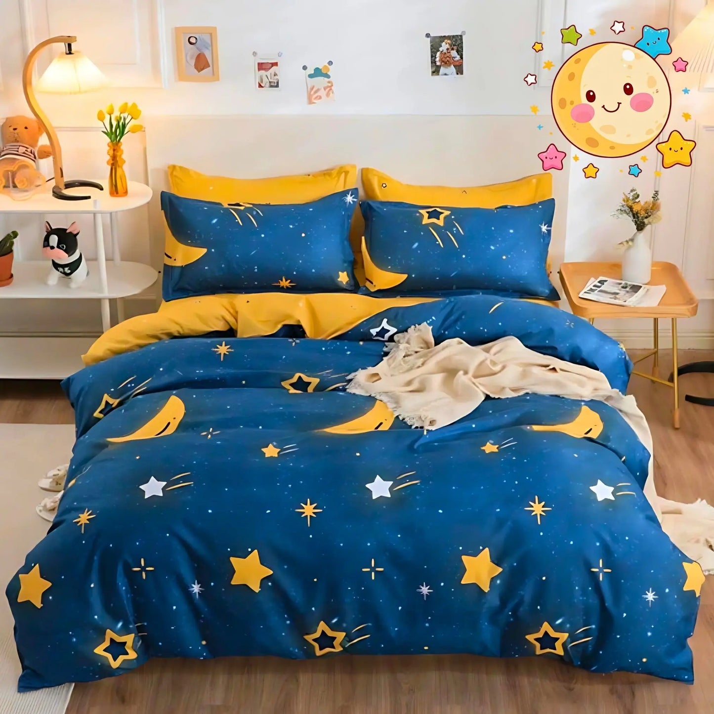 5pc Kids Bed Set – King Size Fitted Bedsheet , Comforter Cover, 2 Pillow Covers & Comforter | Moon & Star Theme Famyo Shop WH