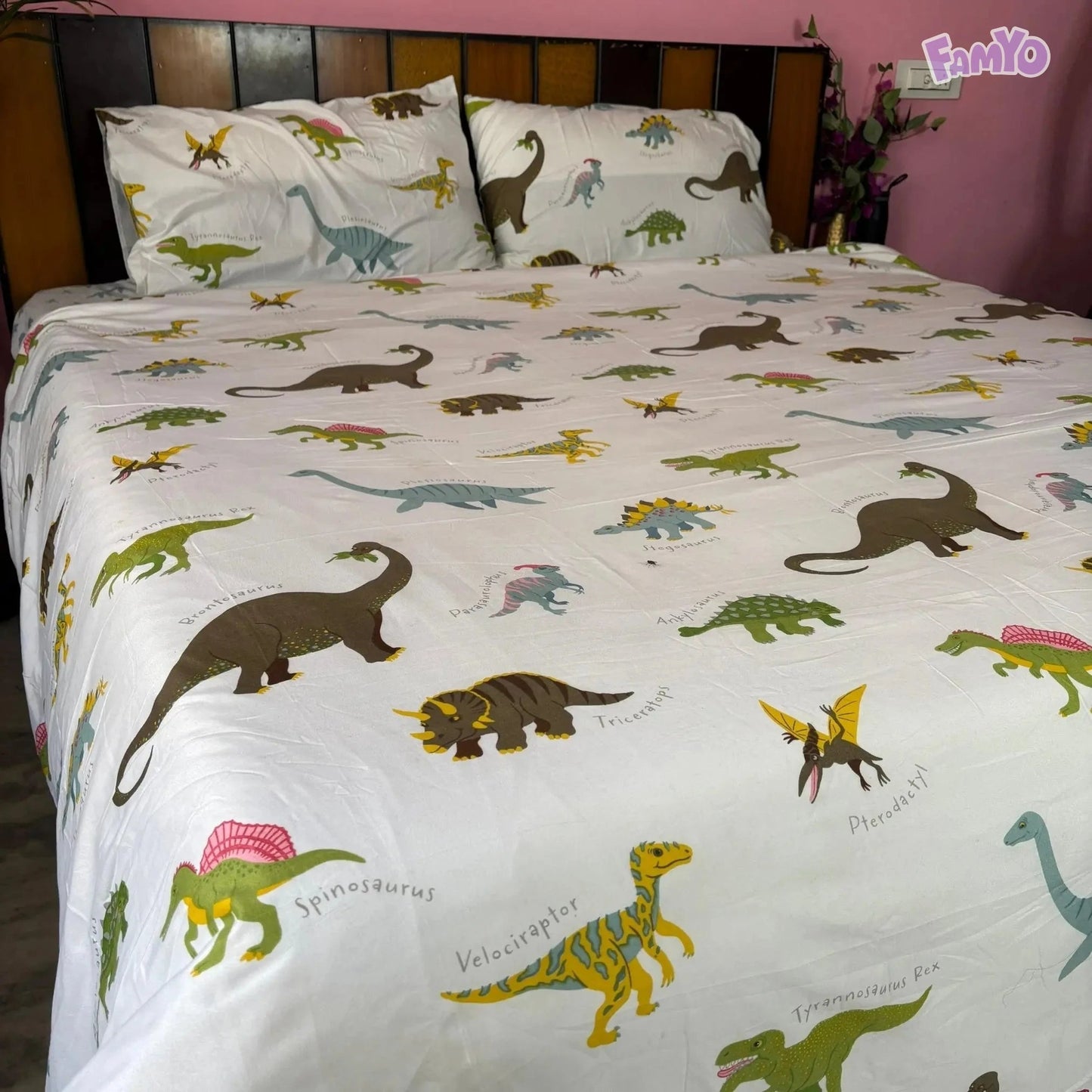 4pc Kids Bed Set – King Size Fitted Bedsheet , Comforter Cover & 2 Pillow Covers | Dino Park Theme Famyo Shop WH