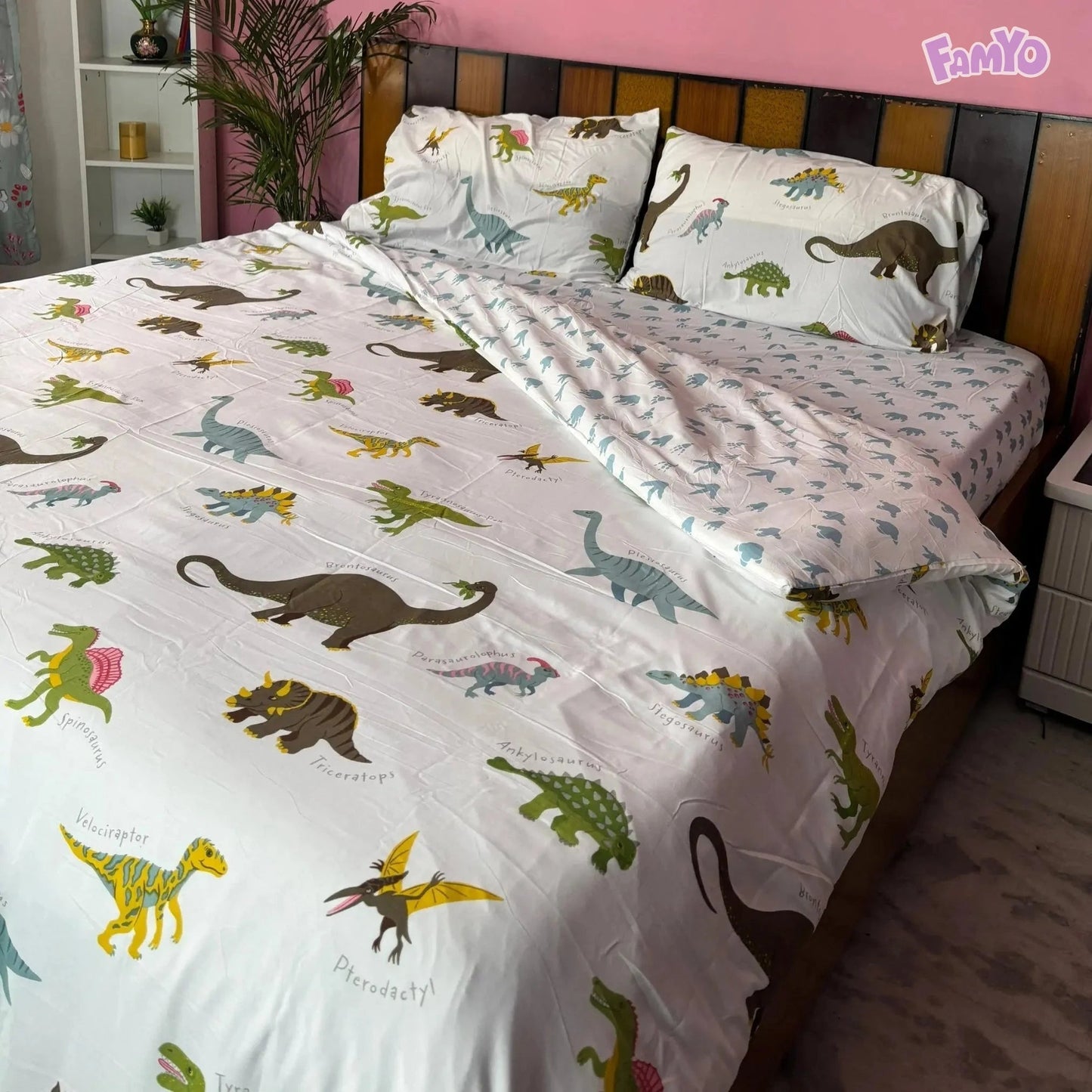 4pc Kids Bed Set – King Size Fitted Bedsheet , Comforter Cover & 2 Pillow Covers | Dino Park Theme Famyo Shop WH