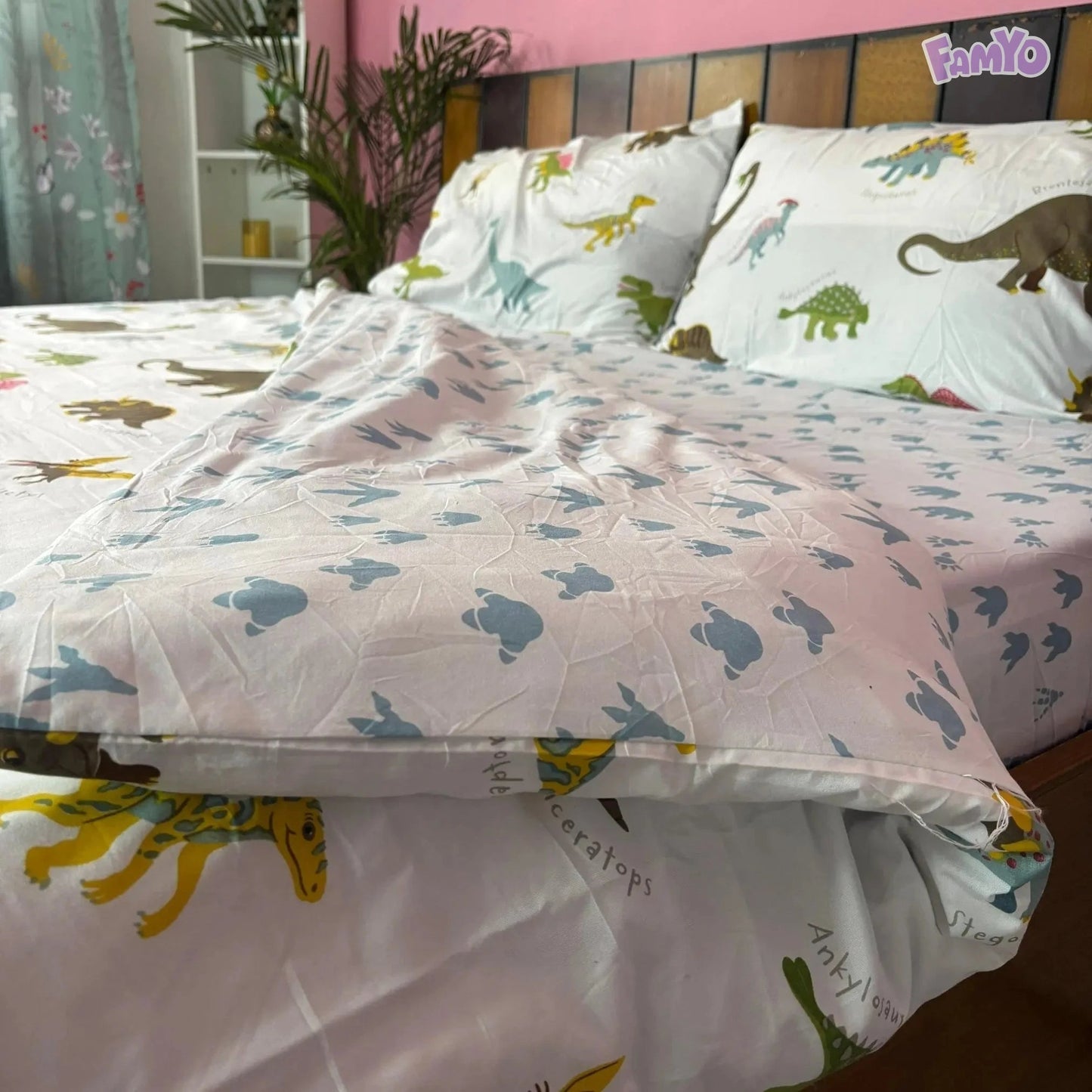 4pc Kids Bed Set – King Size Fitted Bedsheet , Comforter Cover & 2 Pillow Covers | Dino Park Theme Famyo Shop WH