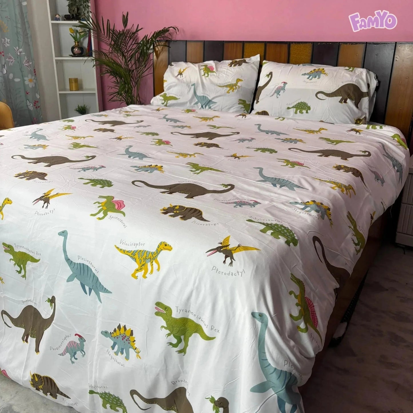 4pc Kids Bed Set – King Size Fitted Bedsheet , Comforter Cover & 2 Pillow Covers | Dino Park Theme Famyo Shop WH