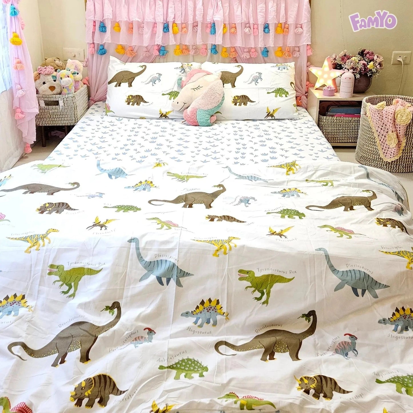 4pc Kids Bed Set – King Size Fitted Bedsheet , Comforter Cover & 2 Pillow Covers | Dino Park Theme Famyo Shop WH