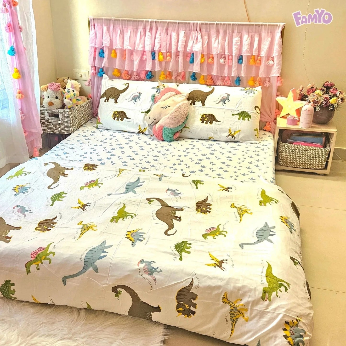 4pc Kids Bed Set – King Size Fitted Bedsheet , Comforter Cover & 2 Pillow Covers | Dino Park Theme Famyo Shop WH