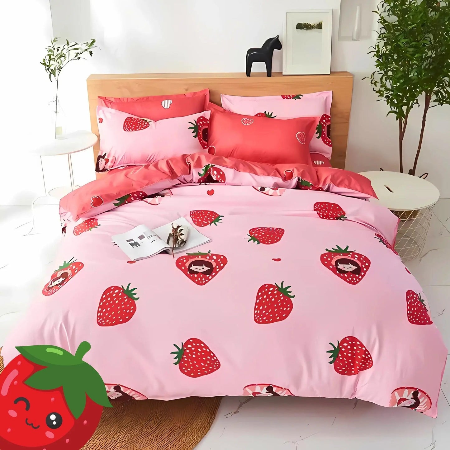 5pc Kids Bed Set – King Size Fitted Bedsheet , Comforter Cover, 2 Pillow Covers & Comforter | Strawberry Pink Theme Famyo Shop WH