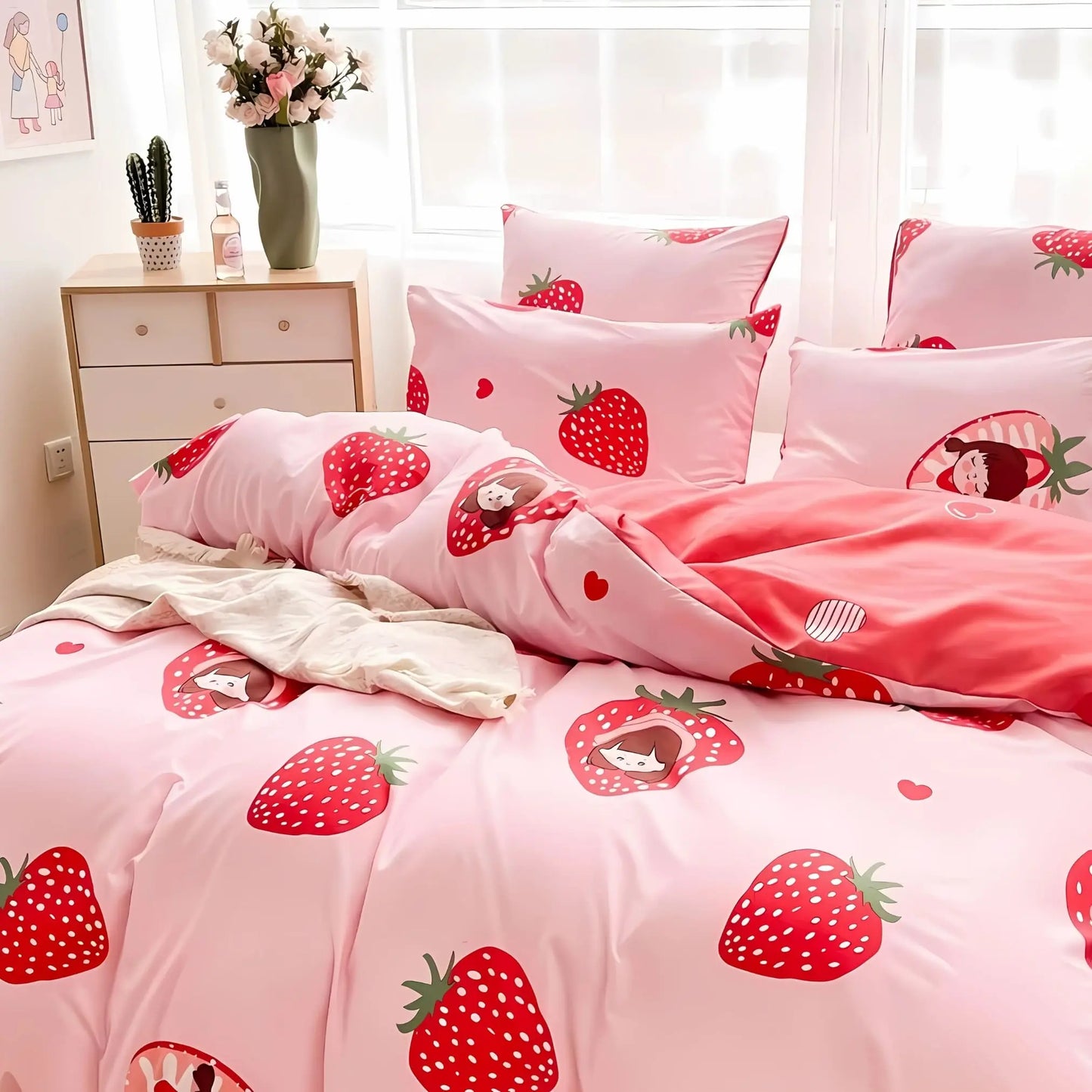 Strawberry Pink 250TC King Bedding Set (Set of 4 or Set of 5) Famyo