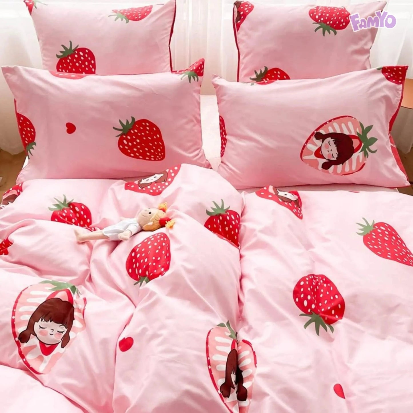 4pc Kids Bed Set – King Size Fitted Bedsheet , Comforter Cover & 2 Pillow Covers | Strawberry Pink Theme Famyo Shop WH
