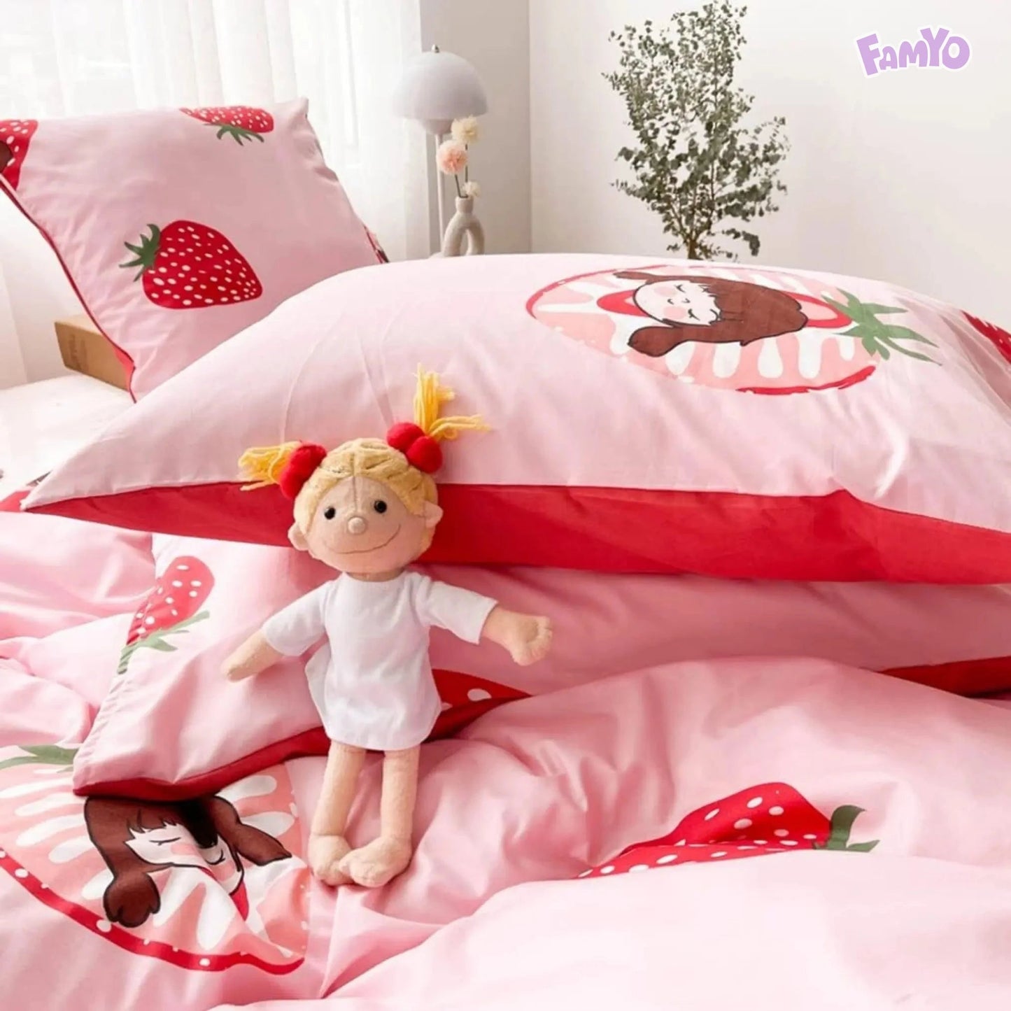 4pc Kids Bed Set – King Size Fitted Bedsheet , Comforter Cover & 2 Pillow Covers | Strawberry Pink Theme Famyo Shop WH