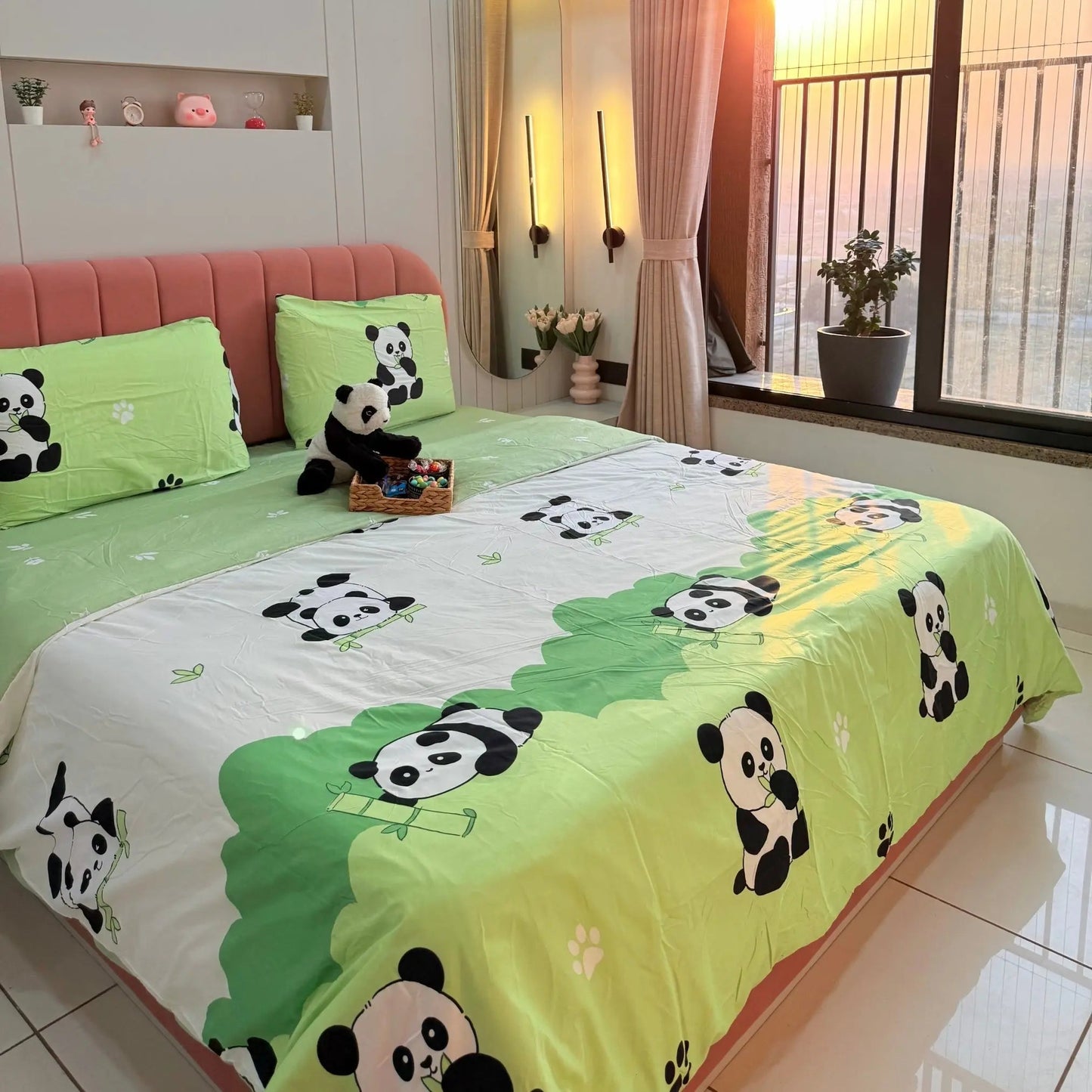 4pc Kids Bed Set – King Size Fitted Bedsheet , Comforter Cover & 2 Pillow Covers | Green Panda Theme Famyo Shop WH