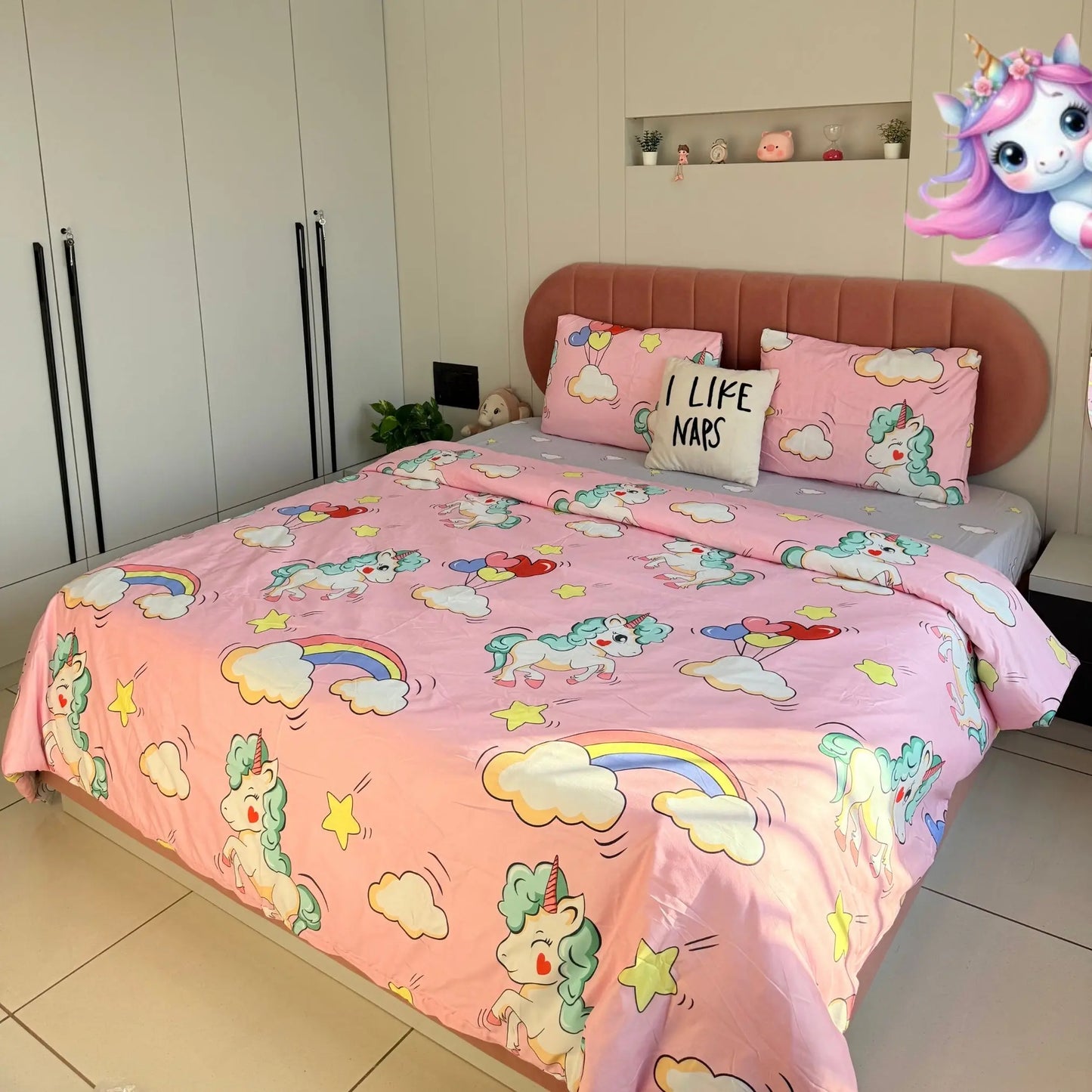 4pc Kids Bed Set – King Size Fitted Bedsheet , Comforter Cover & 2 Pillow Covers | Pink Unicorn & Rainbow Theme Famyo Shop WH