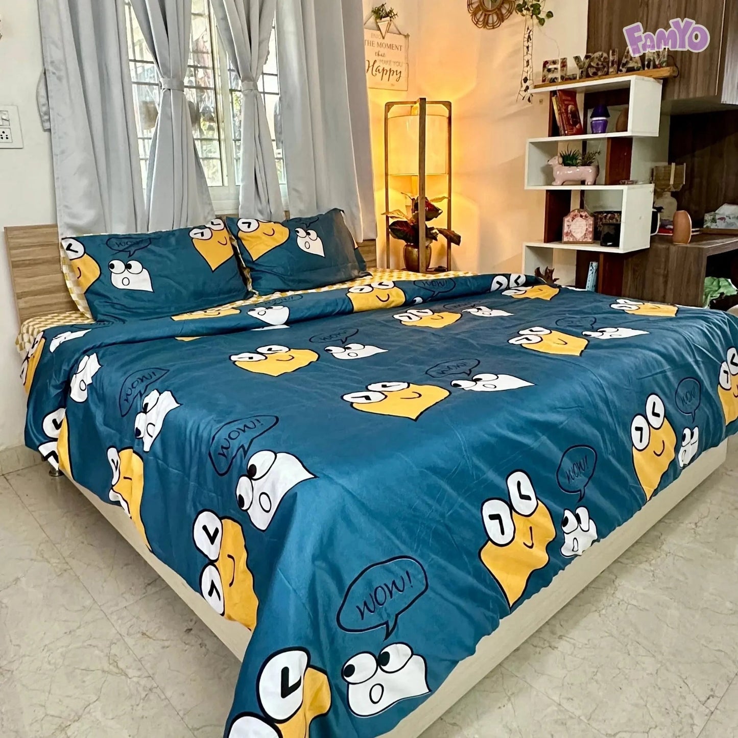 4pc Kids Bed Set – King Size Fitted Bedsheet , Comforter Cover & 2 Pillow Covers | Cute Smiles Theme Famyo Shop WH