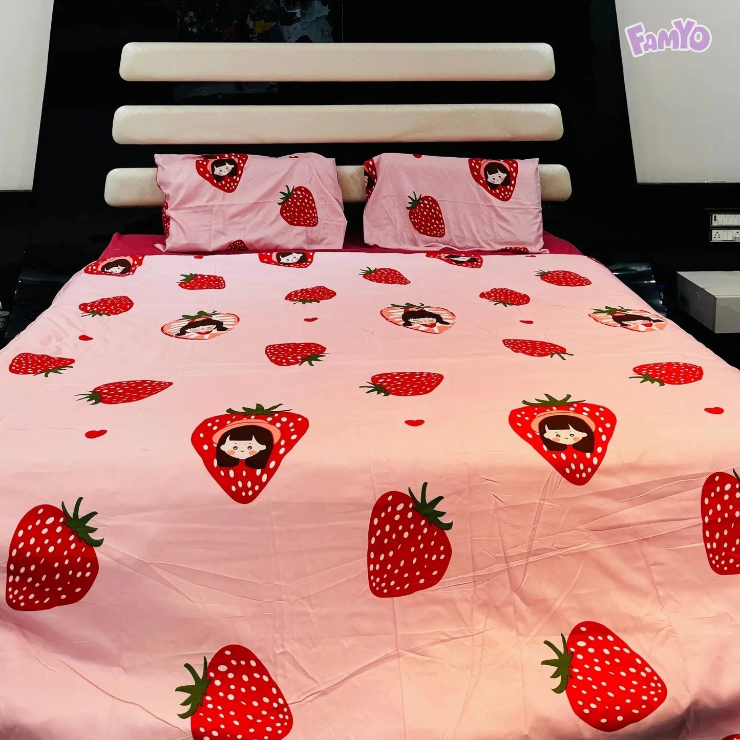 4pc Kids Bed Set – King Size Fitted Bedsheet , Comforter Cover & 2 Pillow Covers | Strawberry Pink Theme Famyo Shop WH