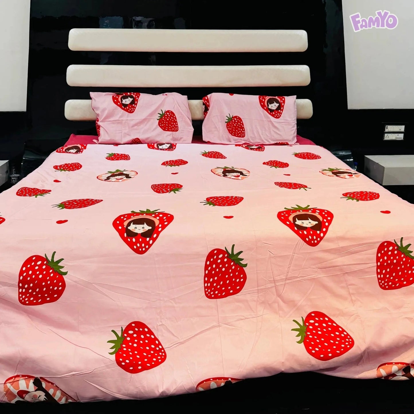 4pc Kids Bed Set – King Size Fitted Bedsheet , Comforter Cover & 2 Pillow Covers | Strawberry Pink Theme Famyo Shop WH