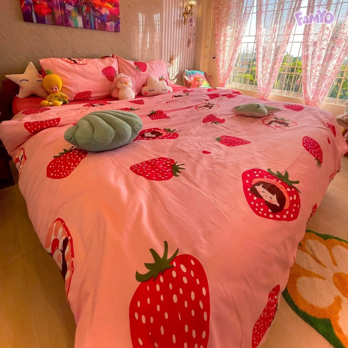 4pc Kids Bed Set – King Size Fitted Bedsheet , Comforter Cover & 2 Pillow Covers | Strawberry Pink Theme Famyo Shop WH