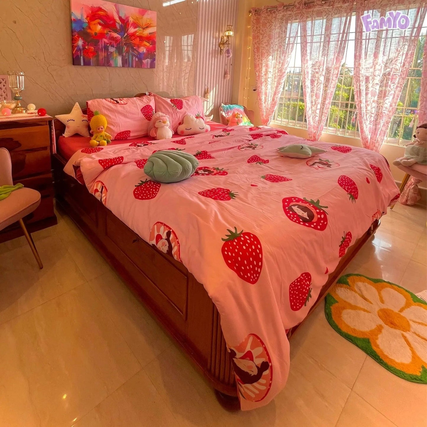 4pc Kids Bed Set – King Size Fitted Bedsheet , Comforter Cover & 2 Pillow Covers | Strawberry Pink Theme Famyo Shop WH