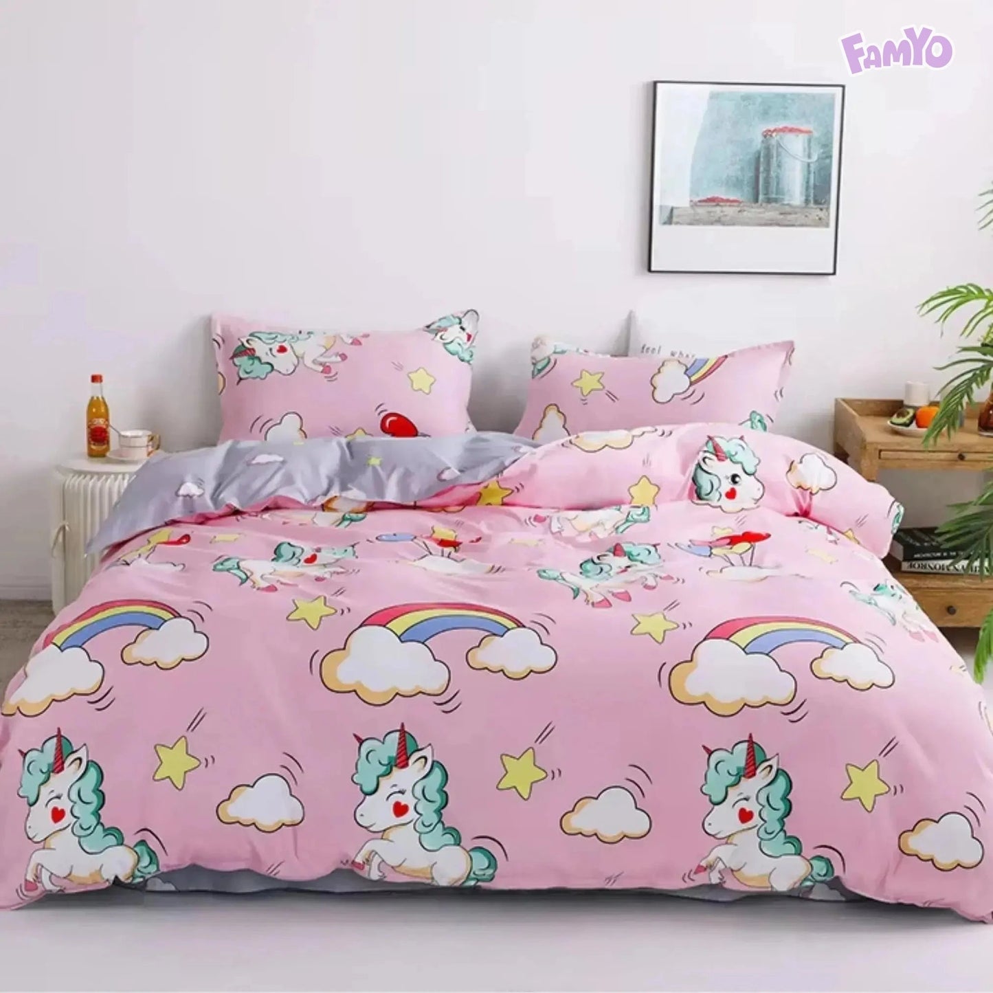 Famyo's Pink Unicorn & Rainbow Printed 5 Piece Bedding Set and Comforter
