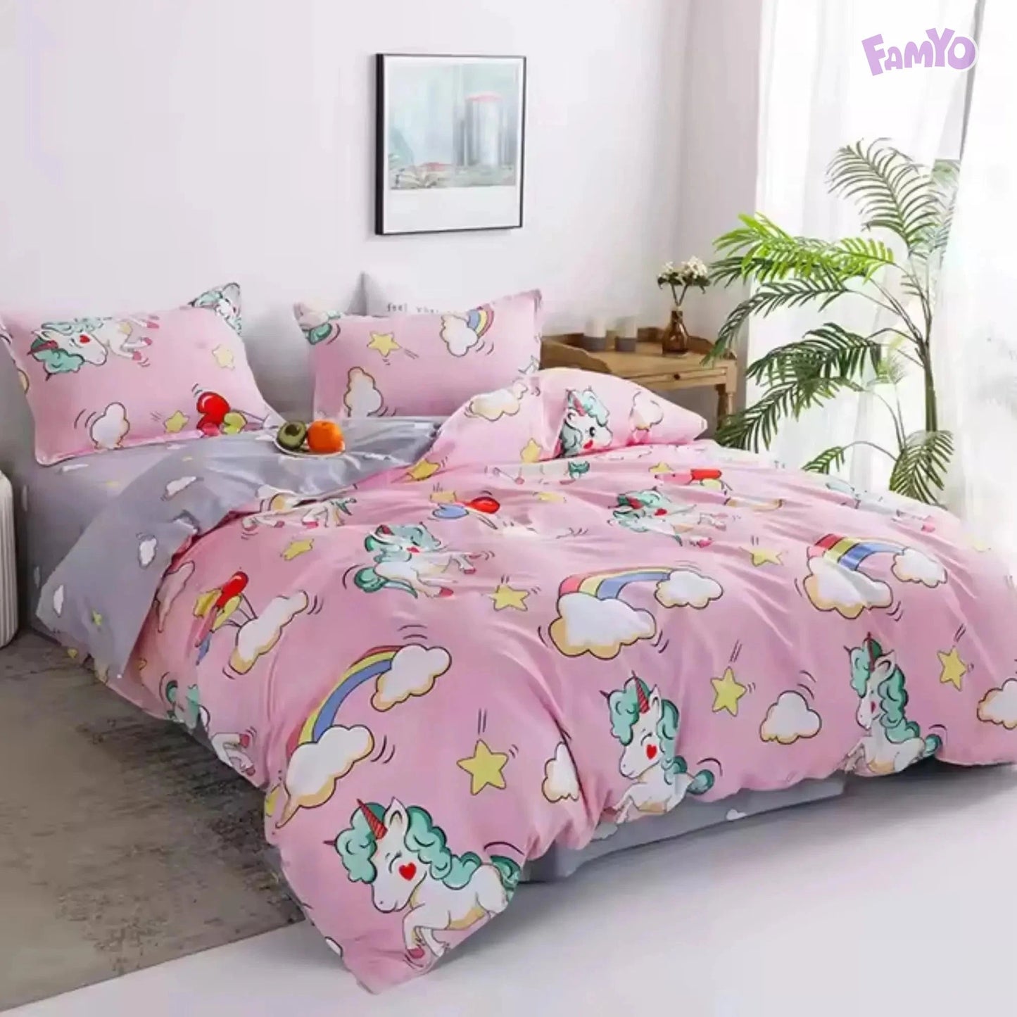 Famyo's Pink Unicorn & Rainbow Printed 5 Piece Bedding Set and Comforter with Pillows for kids