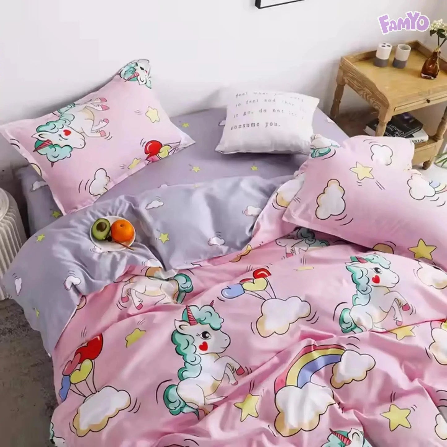 Famyo's Pink Unicorn & Rainbow Printed 5 Piece Bedding Set and Comforter with Pillows for kids