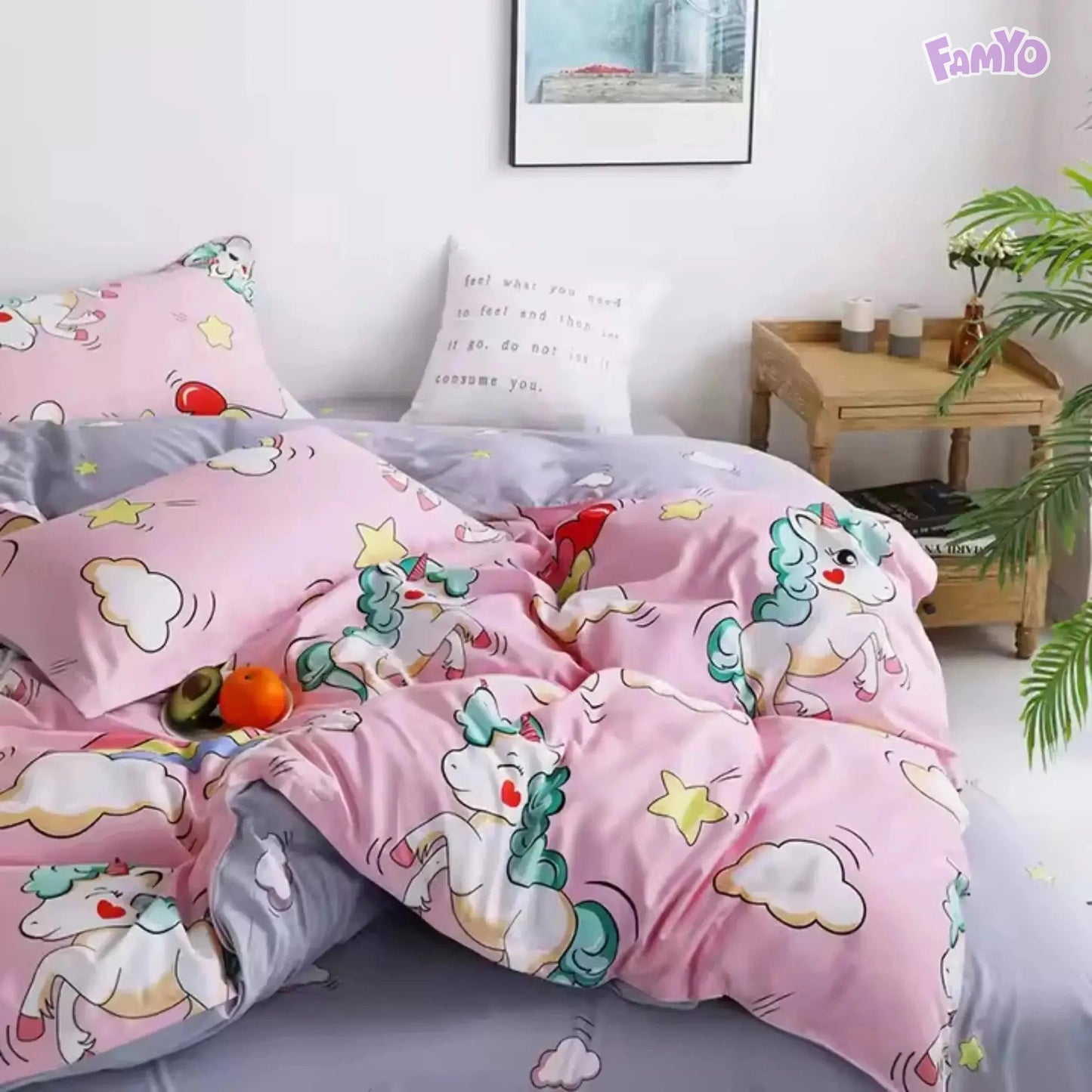Pink Unicorn & Rainbow fitted Queen Size Bedsheet and 2X matching pillow covers
