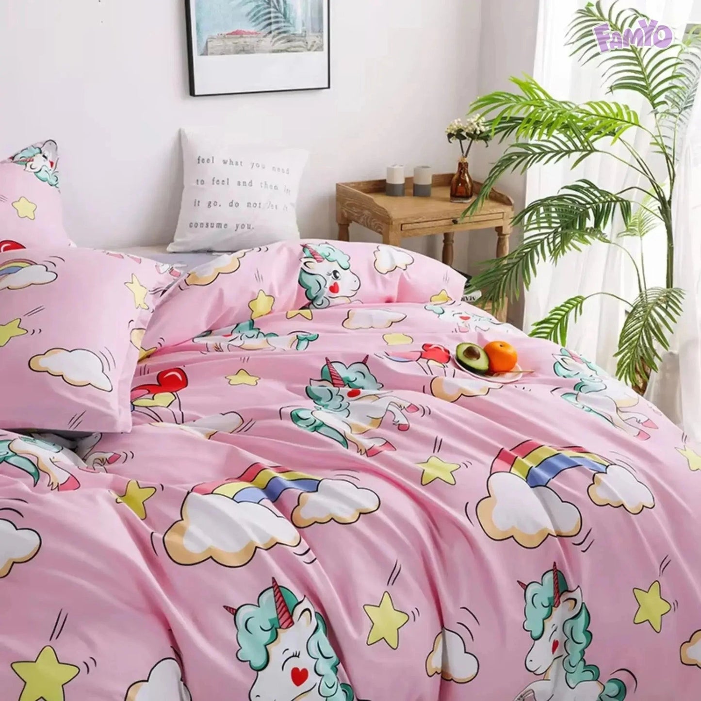 4pc/5pc Bedding Set for Kids in Pink Unicorn & Rainbow