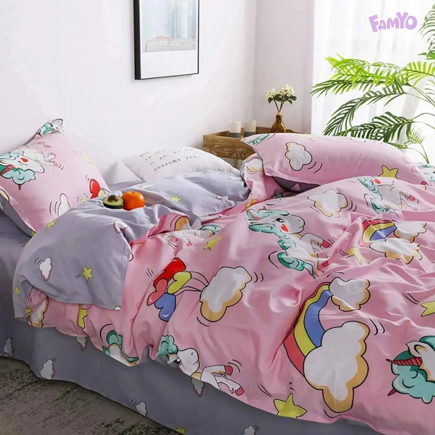 Perfect for Kids room decor 4pc/5pc Bedding Set in Pink Unicorn & Rainbow