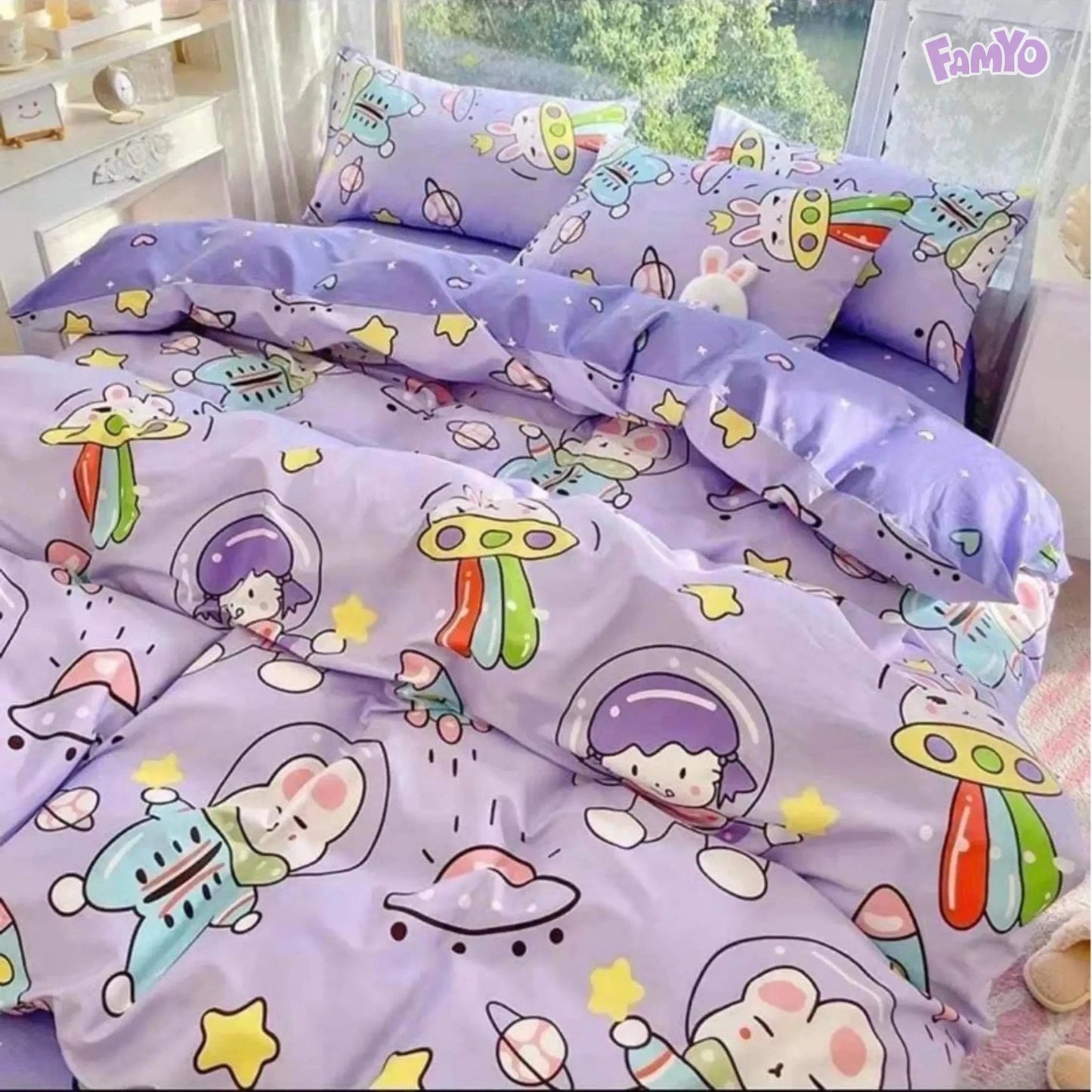 Famyo's Purple Astronaut Printed 5 Piece Bedding Set and Comforter with Pillows for kids