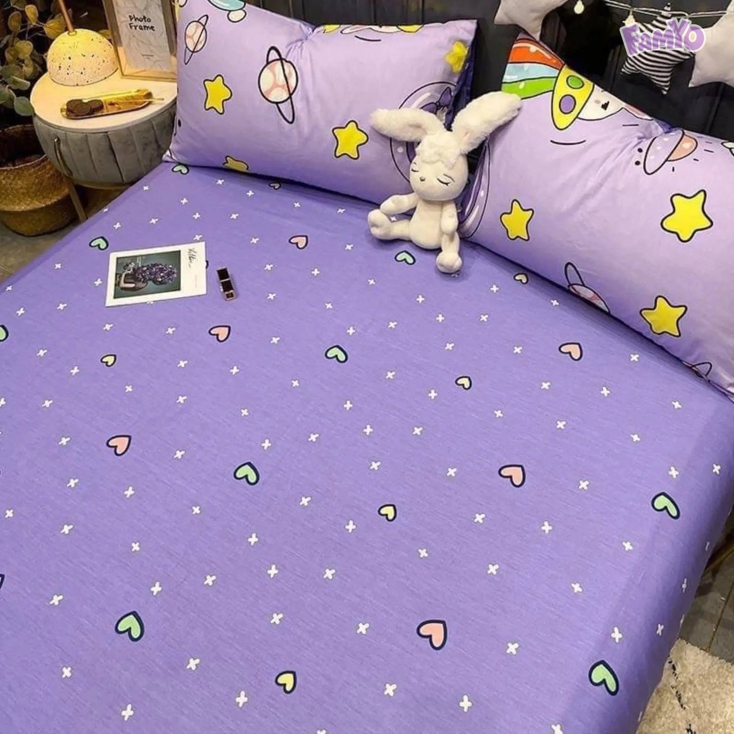 Famyo's Bedding set of 5 PC with Fitted bedsheet, and 2X matching pillows in pink