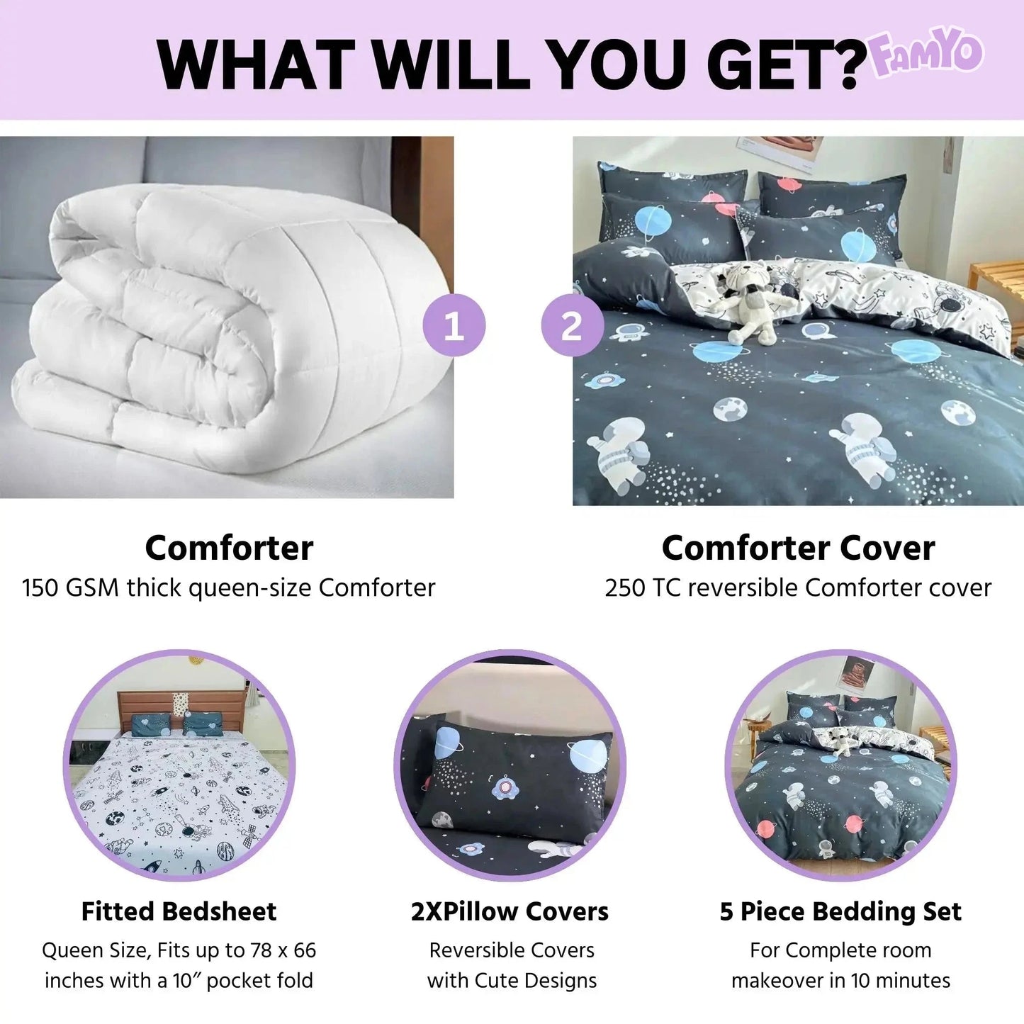 Famyo's 5PC bedding set: Comforter+Comforter Cover+Fitted Bedsheet+2X pillow covers