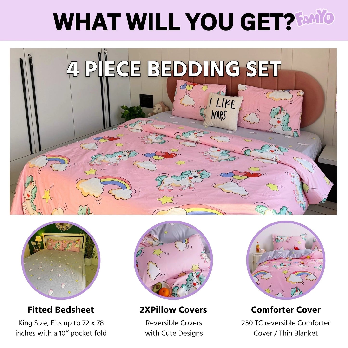 Pink Unicorn & Rainbow King Bedding Set 4pc