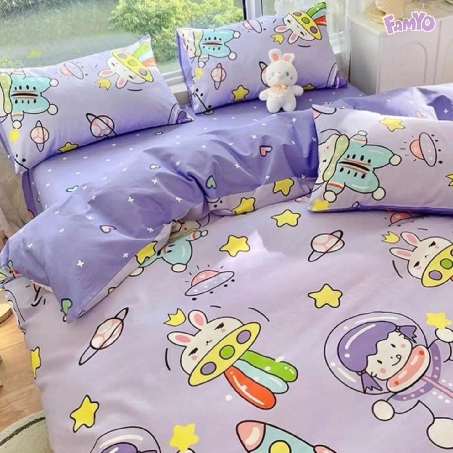 Bedroom Decor Ideas for kids bedding set with pillows - Purple Astronaut Print